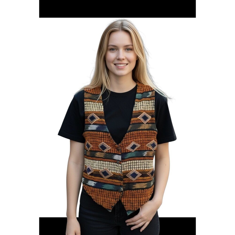 Vintage Jane Ashley Vest Womans Large Orange Patchwork Western Southwest Cowboy